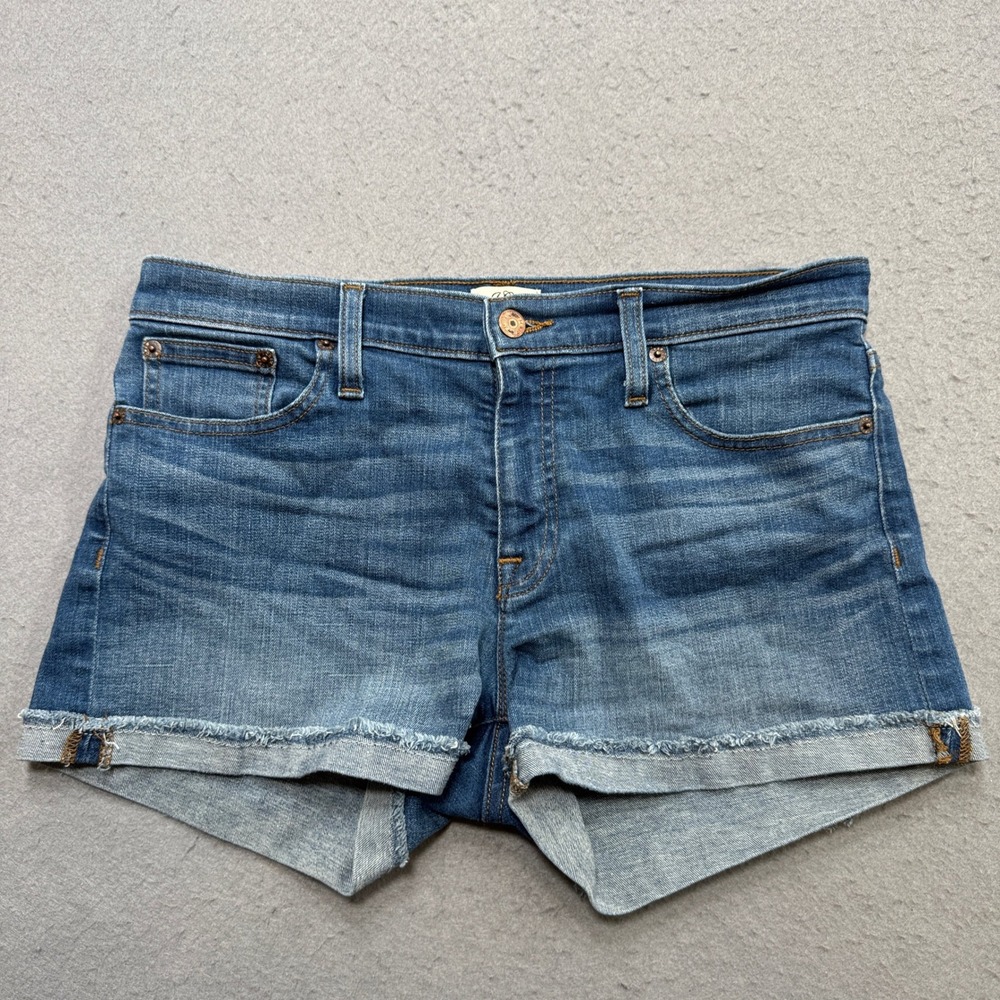 J. Crew Shorts Women's 28 Blue Denim Cuffed Frayed Hem Mid Rise Medium Wash Y2K